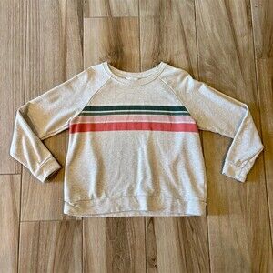 Time and Tru Girls Sweatshirt Size L 12-14 Beige Striped Crewneck Raglan
